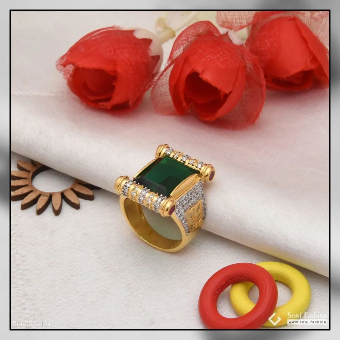 1 Gram Gold Forming Green Stone with Diamond Gold Plated Ring for Men - Style A151