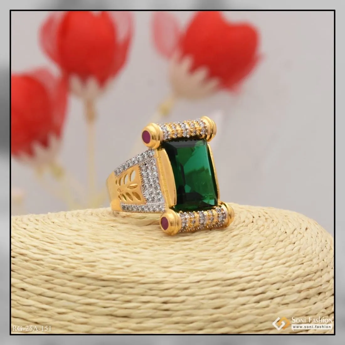 1 Gram Gold Forming Green Stone with Diamond Gold Plated Ring for Men - Style A151