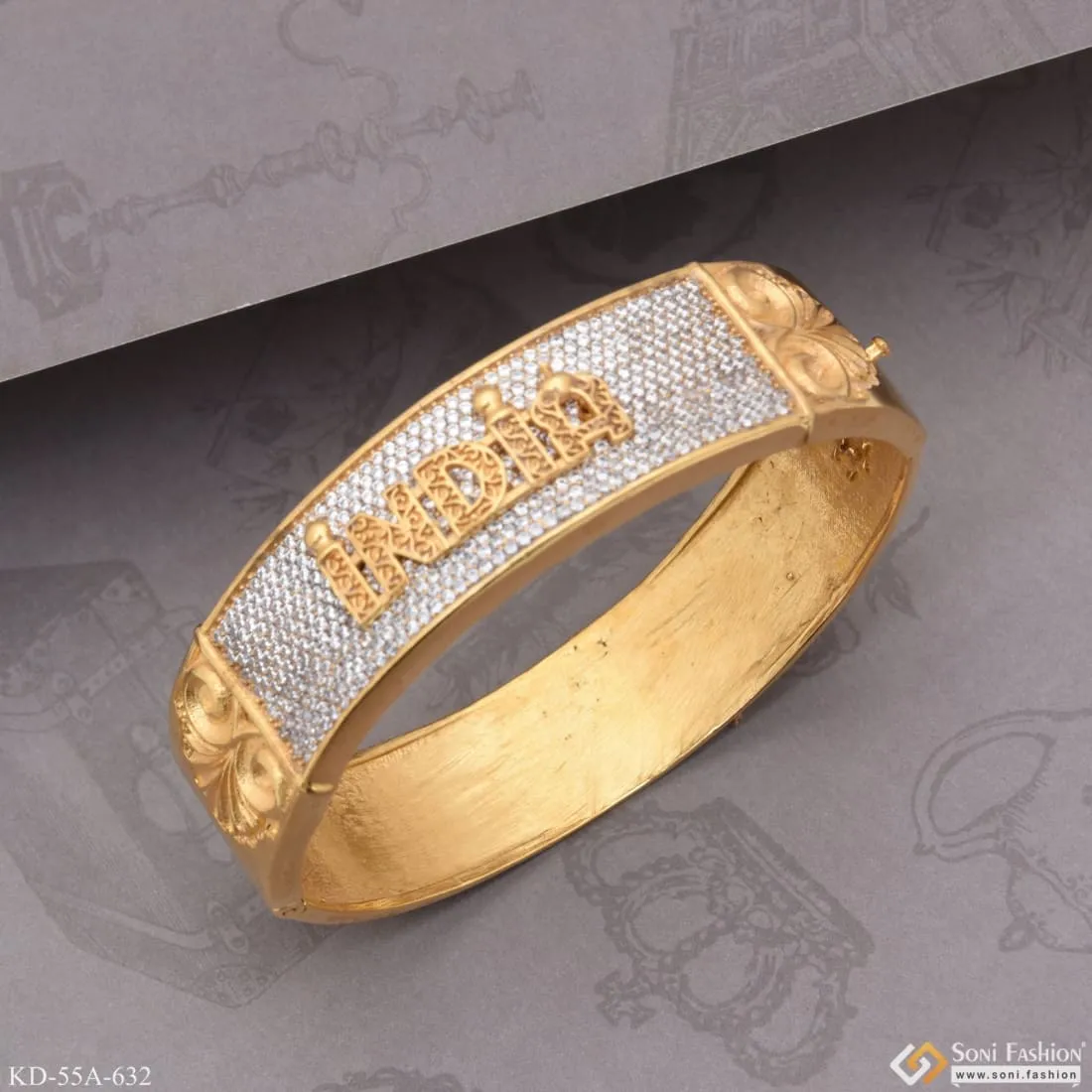 1 Gram Gold Forming - India with Diamond Antique Design Gold Plated Kada - Style A632