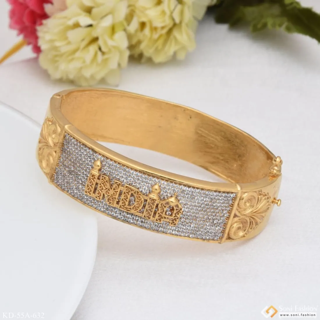 1 Gram Gold Forming - India with Diamond Antique Design Gold Plated Kada - Style A632