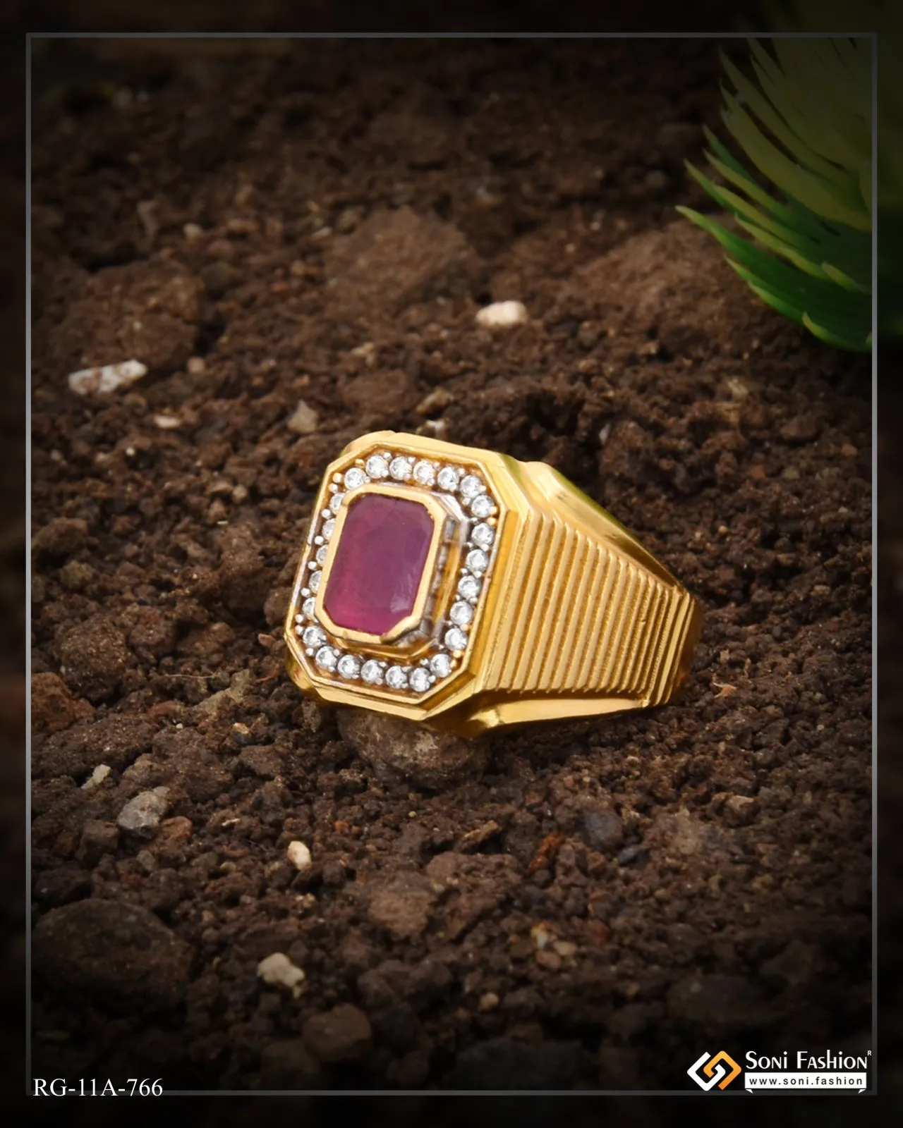 1 Gram Gold Forming - Pink Stone Attention-getting Design Ring For Men - Style A766