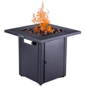 28" Outdoor Propane Fire Pit Table, 50,000 BTU, Rattan-Look with Lid, Lava Stone, ETL Certified.