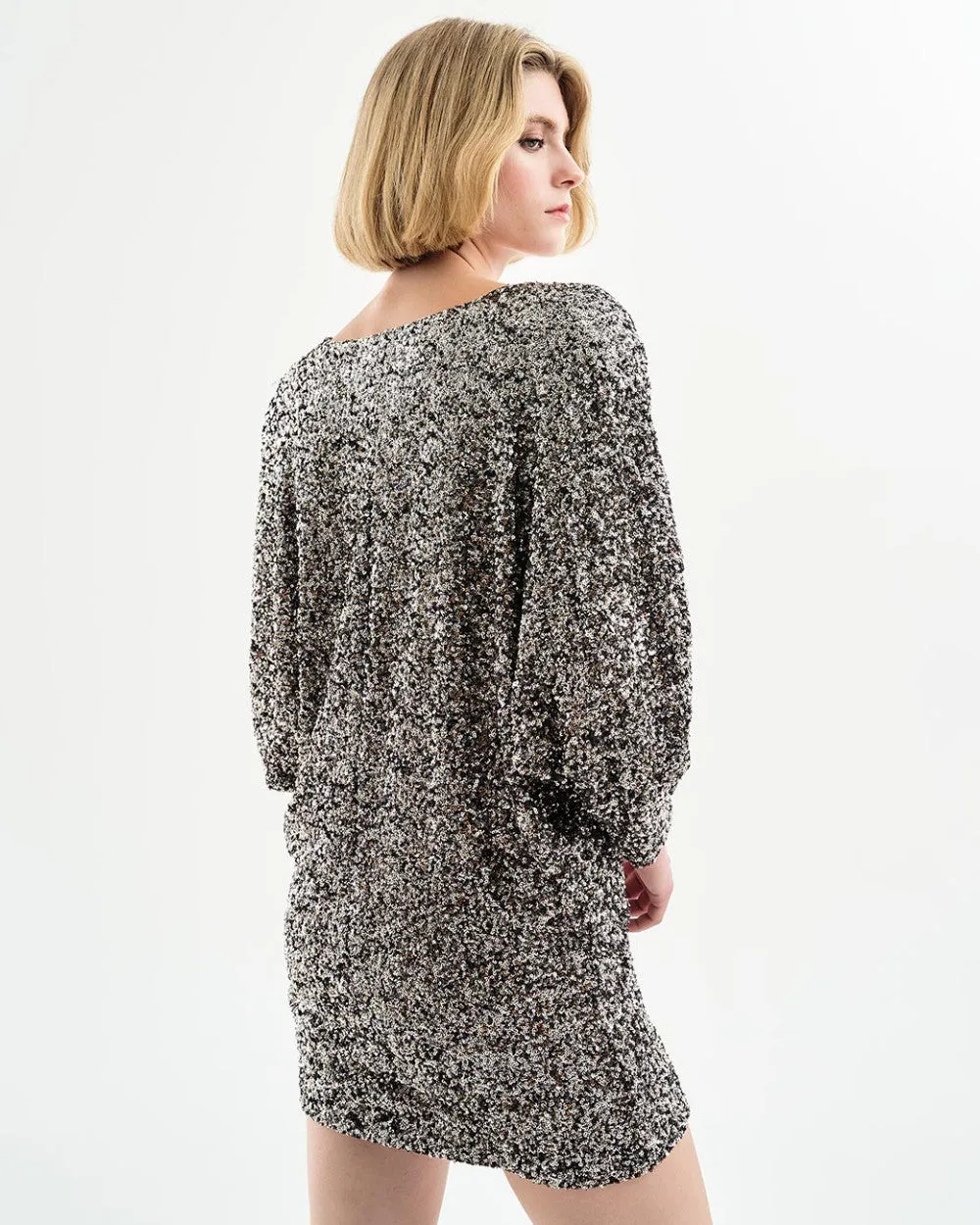 Access Fashion Silver Sequin Dress With V Neckline