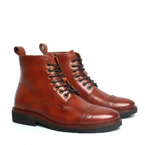 Cognac Leather Brogue Cap Toe Light Weight Boots by Brune & Bareskin