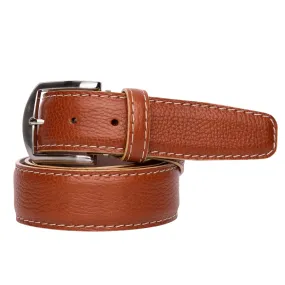 LEN Belt French Pebble Grain Cognac w/ Beige Edge & Border Stitch STK