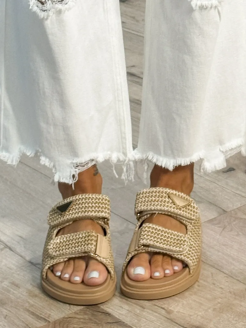 Raffia Velcro Slides | Taupe | RESTOCK